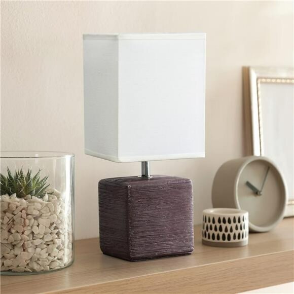 Small table lamp faux stone base fabric shade bedside nightstand desk lighting - Picture 2 of 7